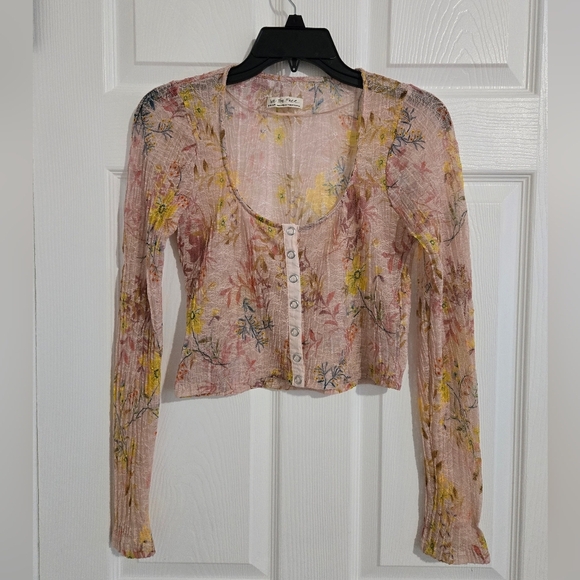 Free People Angelina Cropped Blouse Shirt Women's XS Floral Pleated Scoop Neck - Picture 2 of 11